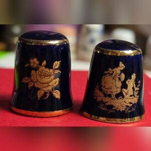 Limoges Castle France Blue and Gold Thimbles Courting Couple And Rose Qty 2